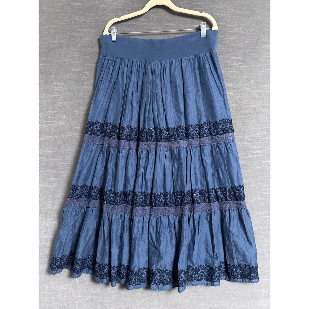 Style Co Skirt 1X Blue Cotton Chambray Tiered Sequin Lace Boho Maxi Western